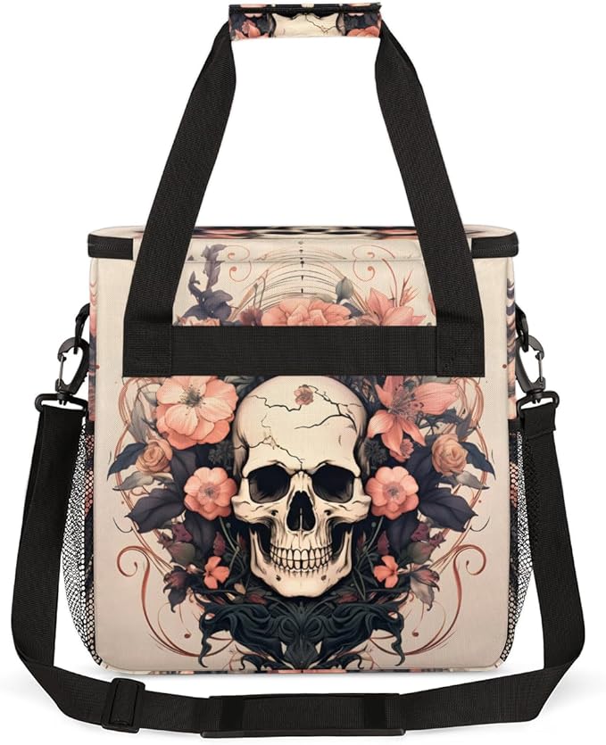 Skull Flowers Coffee Maker Carrying Bag Portable Travel Storage Tote Bag Compatible with K-Mini or K-Mini Plus Single Serve Coffee Brewer Carrying Case with Multiple Pockets &amp Shoulder Strap