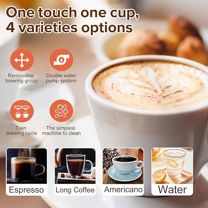 Fully Automatic Espresso Machine with Grinder One Touch Coffee Machine with Smart Touch Screen 19 Bar Espresso Coffee Maker for 20 Cup Espresso Americano Long Coffee Stainless Steel Silver