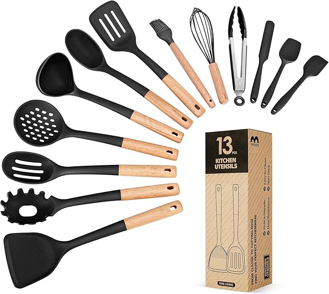 Kitchen Utensils Set 13PCS Silicone Cooking Utensils Heat Resistant Kitchen Utensil Spatula Set for Nonstick Cookware Wooden Handles Kitchen Gadgets Tools Set