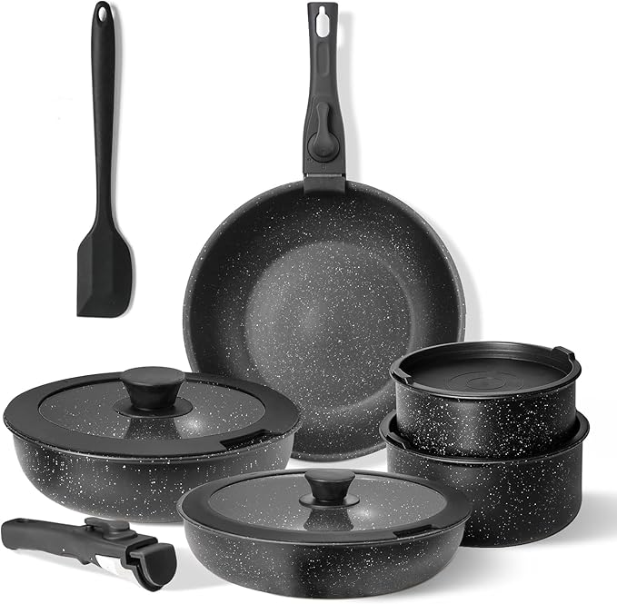 Pots and Pans Set Non Stick 12 Pcs Cooking Pot Kitchen Set with Frying Pans and Sauce Pans Dishwasher and Oven Safe PFAS PFOA PFOS Free Black