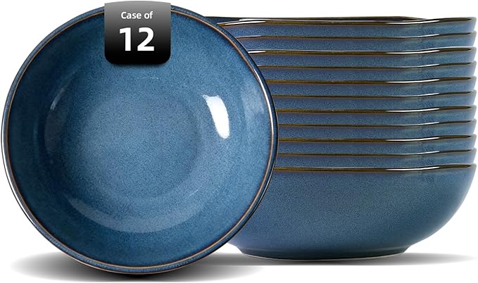 Organic Shape Highland Ceramic Serving Bowl 12pcs 9 Inch Handmade Reactive Glaze Stoneware 40oz Bowl with Wavy Edge for Kitchen Microwave &amp Dishwasher Safe Scratch Resistant-Blue