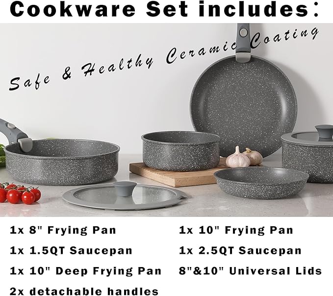 Pink Non Stick Pot and Pan Sets with Removable Handle Ceramic Cookware Set Detachable Handle Induction Kitchen Camping Stackable Pots Pans Dishwasher/Oven Safe PTFE/PFOA/PFOS Free