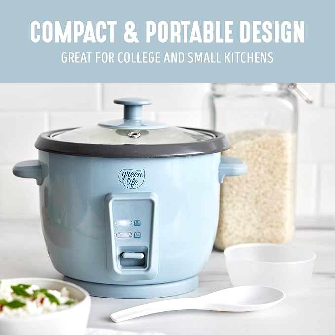GreenLife Rice Cooker with Removable PFAS-Free Ceramic Nonstick Pot 3-Cups Uncooked/6-Cups Cooked Grains &amp Oatmeal Multicooker Compact One-Switch Design Auto Keep Warm Easy Clean Blue Haze