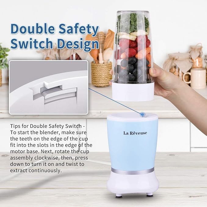 La Reveuse Personal Size Blender 250 Watts Power for Shakes Smoothies Seasonings Sauces with 1 Piece 15 oz Cup1 Piece 10 oz MugBPA-Free (Sky Blue)