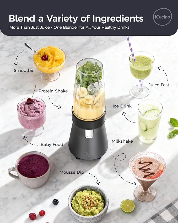 iCucina Smoothie Blender Personal Blender for Shakes and Smoothies 700W Pulse Technology Single Serve Blenders with 2 x 28oz Protable Cups for Ice Crush Frozen Fruit Drinks