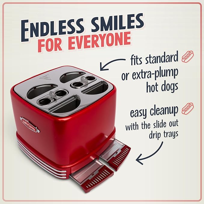 Nostalgia 4 Slot Hot Dog and Bun Toaster with Mini Tongs Hot Dog Toaster Works with Chicken Turkey Veggie Links Sausages and Brats Metallic Red