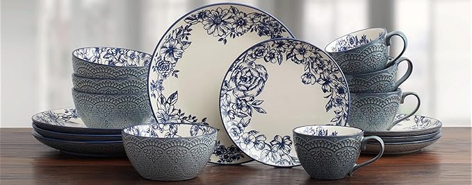 Pfaltzgraff Gabriela Blue 16-Piece Dinnerware Set Service for 4 Durable Stoneware Plates Bowls and Mugs with Elegant Blue Pattern Dishwasher Safe
