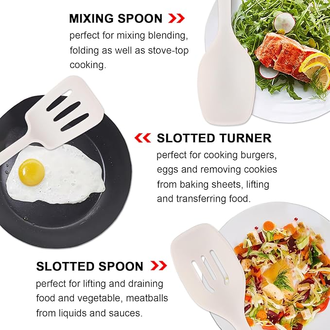 Silicone Cooking Utensils Set 5 Pcs Large Non-Stick Kitchen Utensils Set Wooden Handle Heat Resistance Turner Soup Ladle Spoon Silicone Cooking Kitchen Gadgets BPA Free for Nonstick Cookware