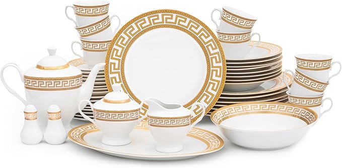 Porcelain Dinnerware Set for 8 - Luxurious 49 Piece Dish Set - White and Gold Greek Key Design - Dinner Plates Bowls Cups and Saucers for Everyday Dishes or Formal Occasions (Meander Gold 2049)