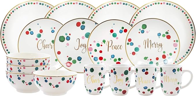 American Atelier 7275-16-RB Christmas Confetti 16 Piece Round Dinnerware Set 10.5 Gold/Multicolor