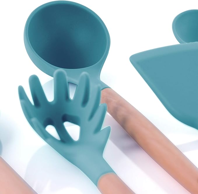 Megachef Tool Cookware Utensil Set with Ceramic Holder 9 Piece Light Teal and Wood Texture