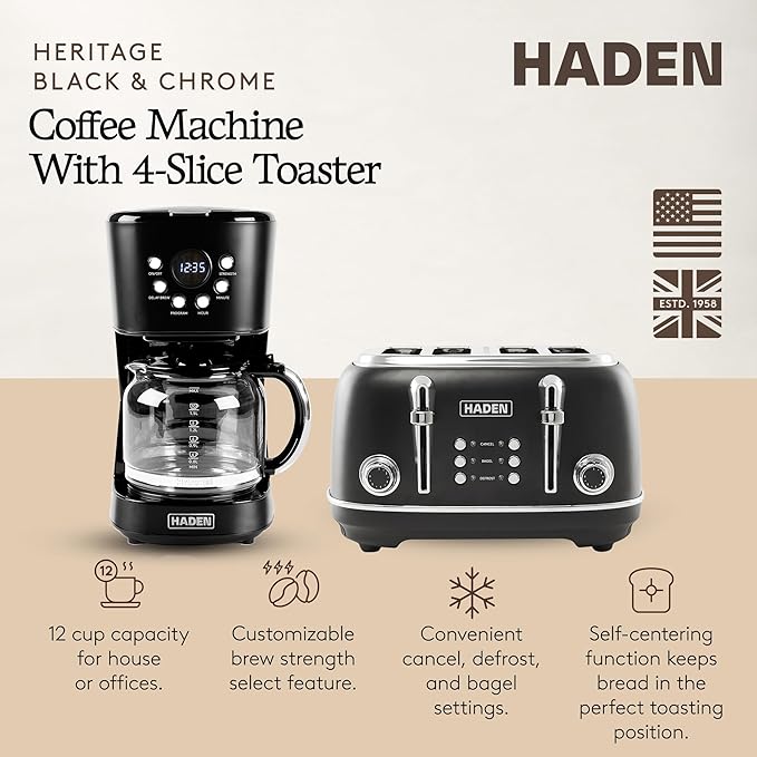 Haden Heritage 4 Slice Wide Slot Stainless Steel Toaster Bundled with 12 Cup Programmable Drip Coffee Maker Coffee Machine Black &amp Chrome