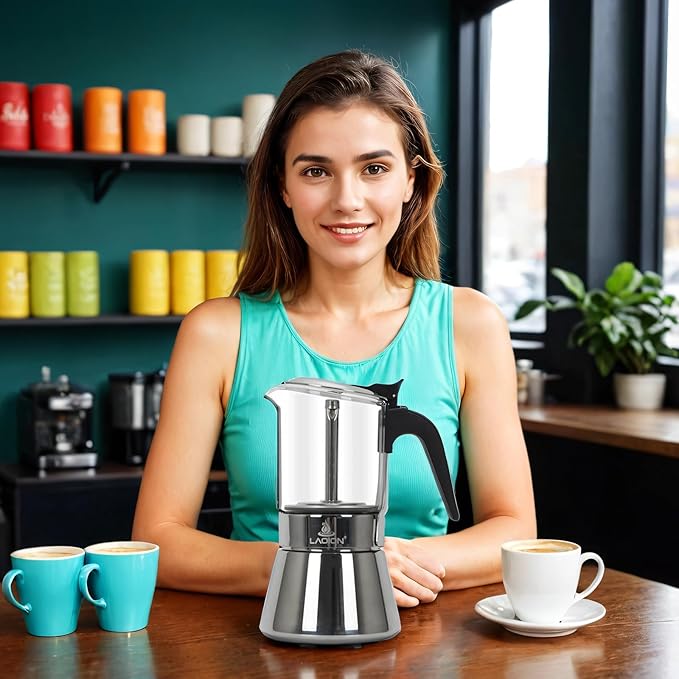 Stovetop Espresso Maker 6Cup 240ml Classic Moka Pot Crystal Glass-top &amp Stainless Steel Coffee Maker Mocha Pot Greca De Cafe Cuban and Italian Coffee Maker for Cafetera Cubana
