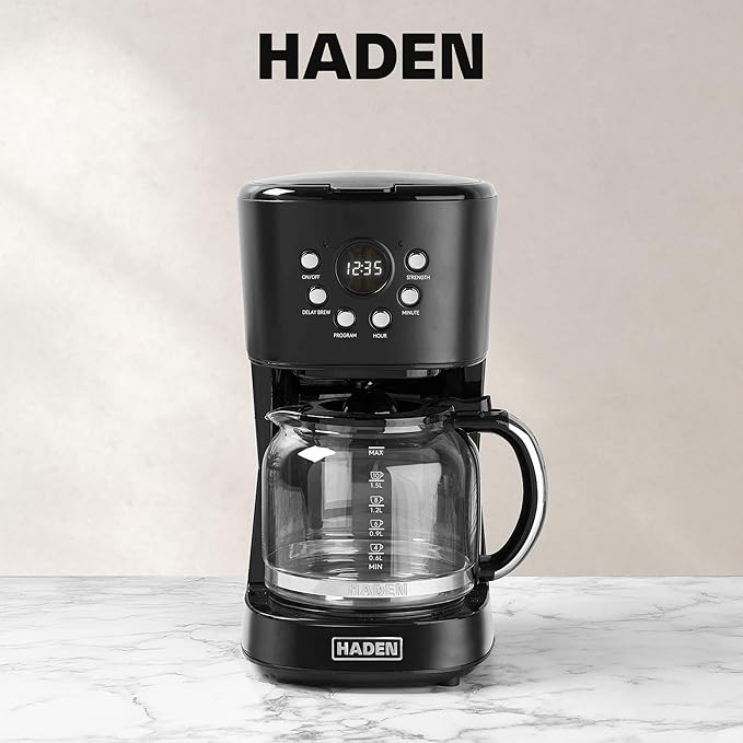 Haden Coffee Machine 12 Cup Programmable Drip Coffee Maker with Auto Shut-Off Function and Reusable Washable Water Filter Black &amp Chrome