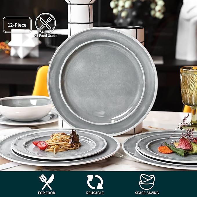 Melamine Dinnerware Set - 12pcs Dishes Dinnerware Set for 4 Indoor and Outdoor use Dishwasher Safe Break-resistant Lightweight Gray