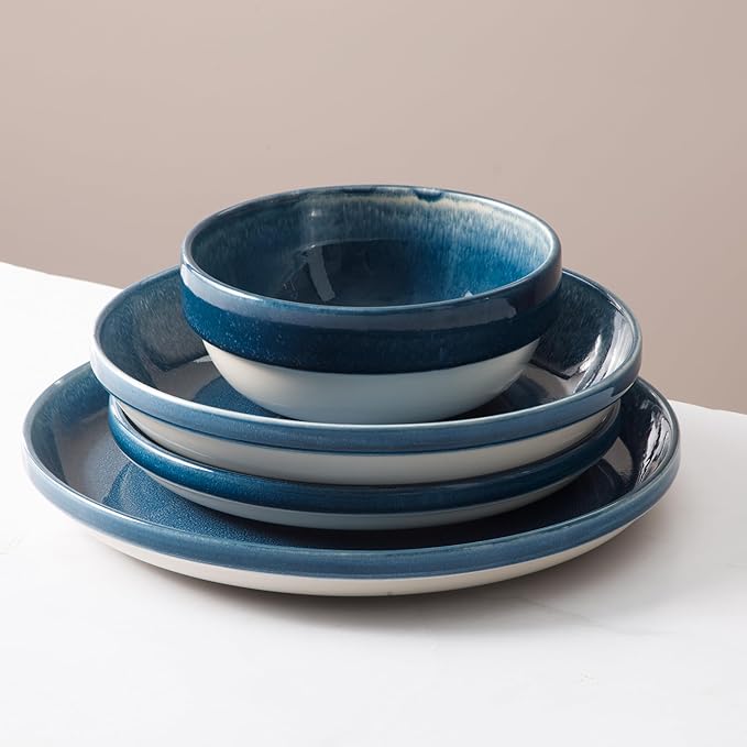 Sur La Table Kitchen Essentials Banquette 16 Piece Double Bowl Plates and Bowls Reactive Glaze Stoneware Dinnerware Set - Blue