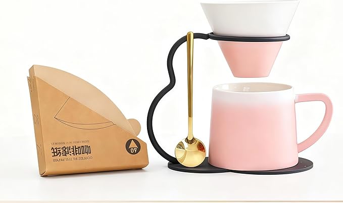 Pour Over Coffee Maker setCeramic Coffee Maker With V60 40 pcs Paper FilterMetal Stand 9oz 270ml mug Pour Over Coffee Dripper Pink