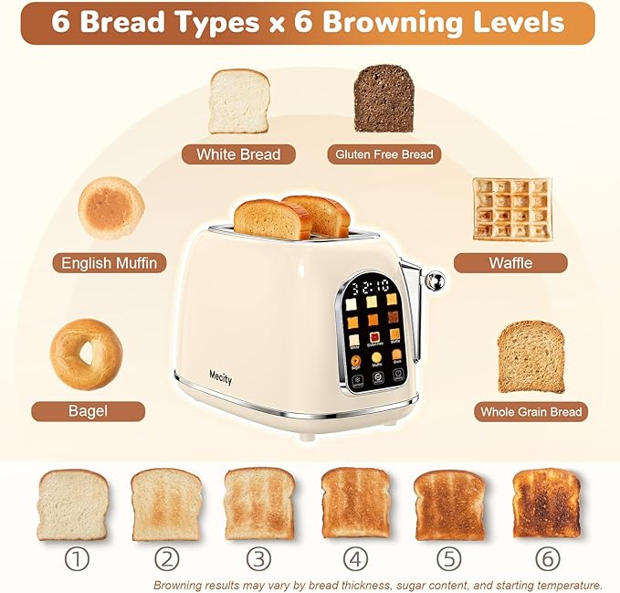 Mecity Toaster 2 Slice Touch Screen Wide Slot Retro Toaster For Breads Bagel Muffin Waffle House Warming Gift New Home 120V 825W Cream Color