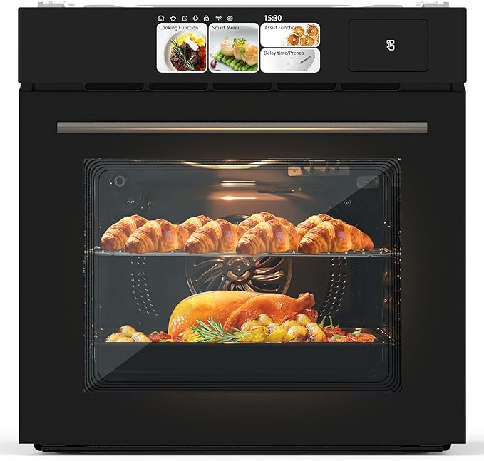 24 Built-in Electric Oven - Single Wall Convection Design 3000W 2.5Cu.ft Capacity 8 Cooking Modes Stainless Steel Colorful Touch Screen Transparent Viewing Window Black