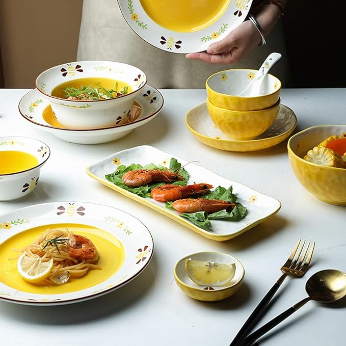 Beautiful Cute Hand-Painted Bees Dinnerware Sets Durable Ceramic Dinner Plate Sets Creative Dishes Set Plates Bowls and Snack