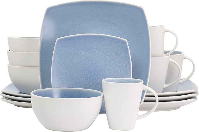 Unknown1 16 Piece Soho Lounge Reactive Glaze Stoneware Dinnerware Set in Light Blue Solid Casual Square Microwave Safe Medium