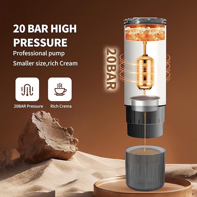 Stainless Steel Portable Espresso Maker – 20Bar 7500mAh Rechargeable 3-in-1 for Nespresso/DG Capsules &amp Ground Coffee Self-Heating Best Value for Camping Car Travel (White)