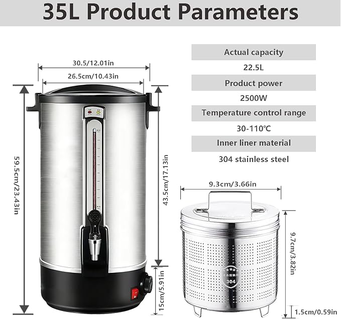 Commercial Grade Coffee Maker Hot Water Urn - Percolator with Double-Wall Stainless Steel Quick Brew Stays Hot for Tea &amp Beverage at Events &amp Catering 35L