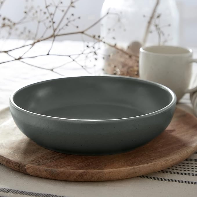 Casafina Ceramic Stoneware 18-Piece Place Setting Service for 6 with Pasta Bowls - Pacifica Collection Artichoke Green | Microwave &amp Dishwasher Safe Dinnerware Set | Restaurant Quality Tableware