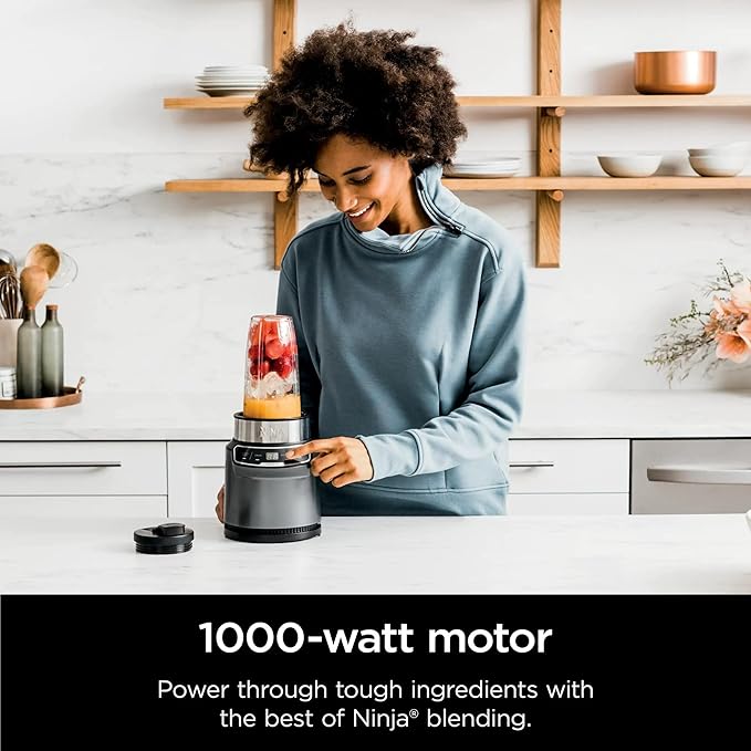 Ninja BN400 Nutri Pro Compact Personal Blender Auto-iQ Technology 1000-Watts for Frozen Drinks Smoothies Sauces &amp More with 18-oz. &amp 24-oz. To-Go Cups &amp Spout Lids Stone Silver (Ren