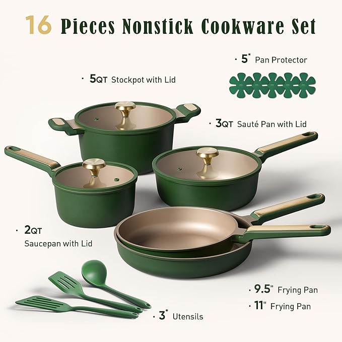 CAROTE Pots and Pans Set Non stick Cookware Set 16pcs NonStick Kitchen Set Induction Cookware Non-Toxic &amp PFOA&ampPFOS-Free Dishwasher Green