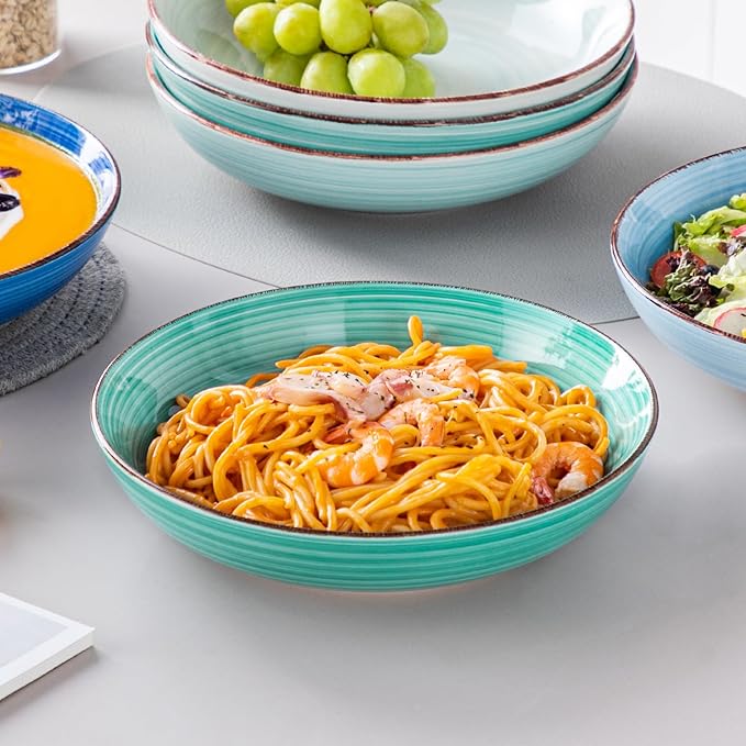 vancasso Bonita Pasta Bowls Set of 6 50oz Large Salad Bowls for Kitchen Stoneware Serving Bowls Dishwasher &amp Microwave Safe Blue Bowl Set