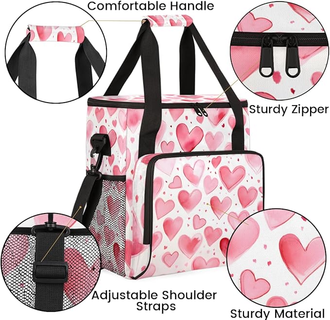 White Pink Heart Coffee Maker Carrying Bag Portable Travel Storage Tote Bag Compatible with K-Mini or K-Mini Plus Single Serve Coffee Brewer Carrying Case with Multiple Pockets &amp Shoulder Strap