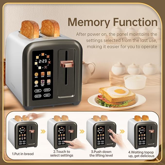 SEEDEEM Toaster 2 Slice Full Touch Control Stainless Toaster LCD Display 50% Faster Heating Speed 6 Bread Type 7 Shade Setting 1.5''Wide Slots Removable Crumb Tray 1350W Dark Metallic