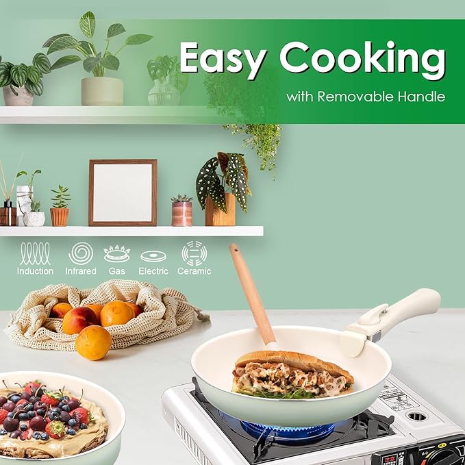 20pcs Ceramic Cookware Set Nonstick Detachable Handle Pots and Pans Set Non ToxicNo PFAS &amp PTFE &amp PFOA Dishwasher/Oven Safe RV Kitchen Set Removable Handle for Cooking Green
