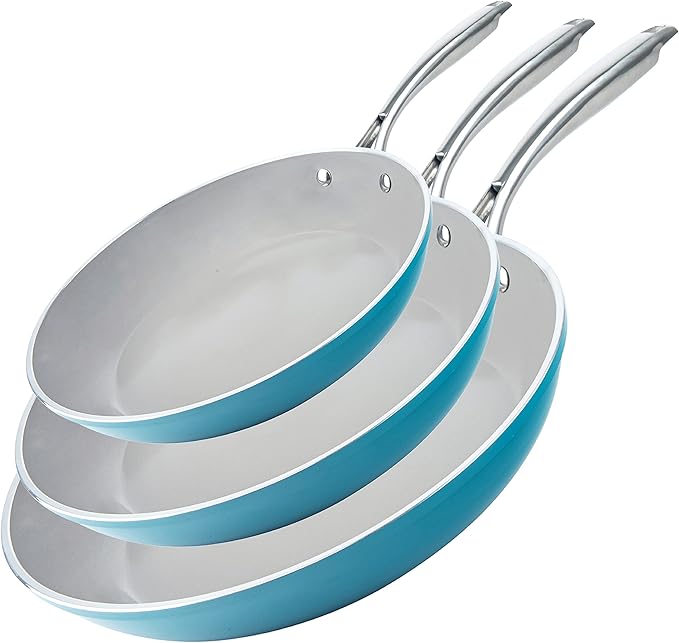 Gotham Steel 3 Piece Nonstick Ceramic Fry Pans Set 8' 10' &amp 12' Nonstick Skillet Set Omelet Pan PFOA Free Dishwasher Safe Cool Touch Handle - Turquoise Blue
