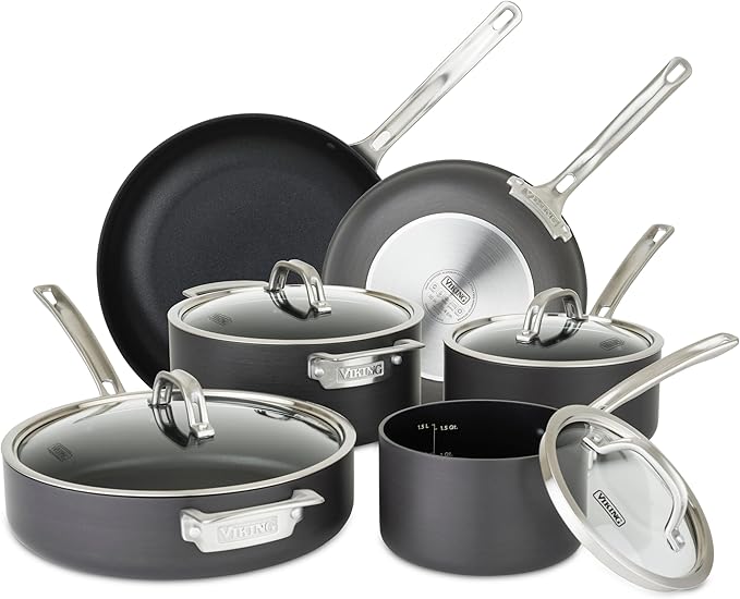 Viking Pots and Pans Set Non Stick 10 Piece Hard Anodized Kitchen Cookware with Glass Lids Black