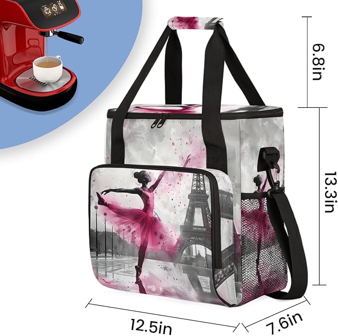 Paris Eiffel Tower Travel Coffee Maker Carrying Bag Pink Large Organizer Storage Tote Bag Insulated Reusable Cooler Lunch Bags