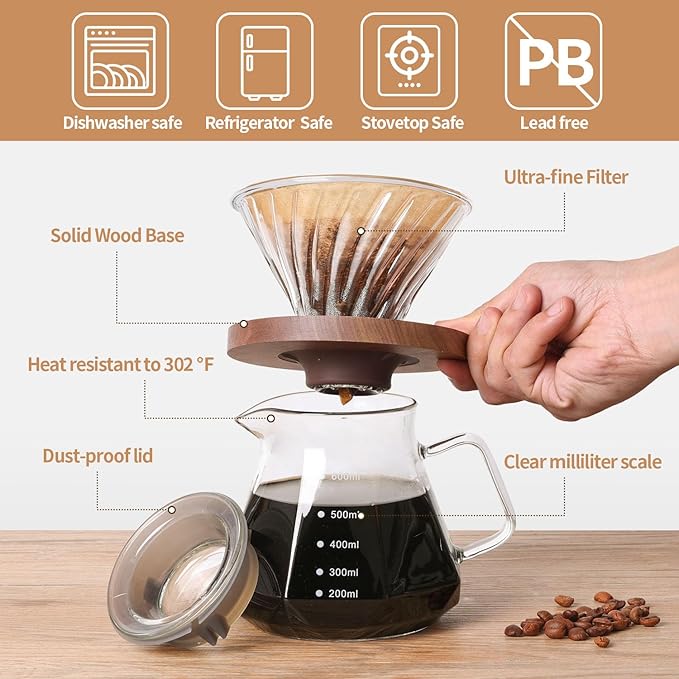 Pour Over Coffee Maker 20 OZ 6 Cup Borosilicate Glass Drip Coffee Maker with 40 pcs V60 Paper Filter and Walnut Grip for Home Café 600 ML