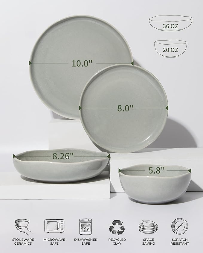 Plates and Bowls Sets 16 Pieces Dinnerware Set for 4 with Pasta Bowls Handmade Dishes Set Chip Resistant Dishware Sets Microwave Safe Dinner Set Designed for Interactive Meals Gray Green
