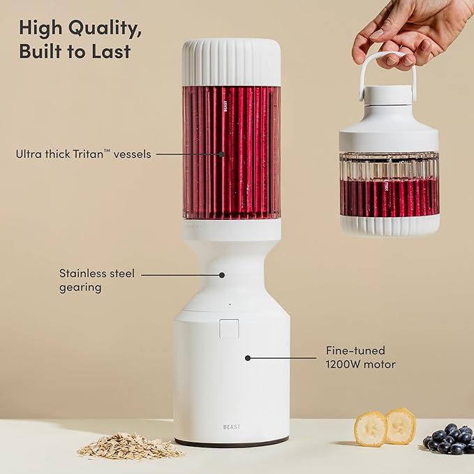 Beast Mega 1200 Plus | Premium Countertop Blender | Smoothies Shakes Sauces Dips Soups | Blends Ice and Frozen Fruit | XL Vessel | With Extra Vessels Straw System | 1200W | (Cloud White 120V)
