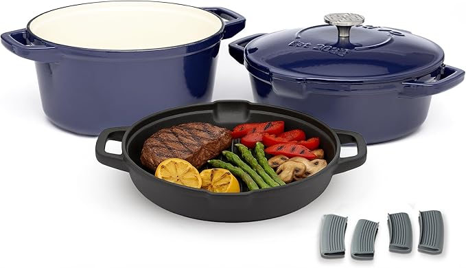 NATIVO 5 pc Stackable Cast Iron Cookware Set Versatile Enamel Dutch Oven Seasoned Grill Pan &amp Enamel Braiser with Precision Pour Spouts Universal Lid Included Spacers/Handle Holders Midnight