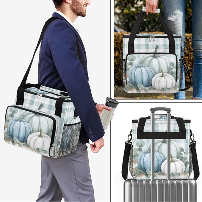 White Pumpkin Stripes Coffee Maker Carring Bag Travel Carrying Storage Tote Bag Compatible with Keurig K-Mini or K-Mini Plus Portable Single Serve Coffee Brewer Case with Pockets for K-cup Pods