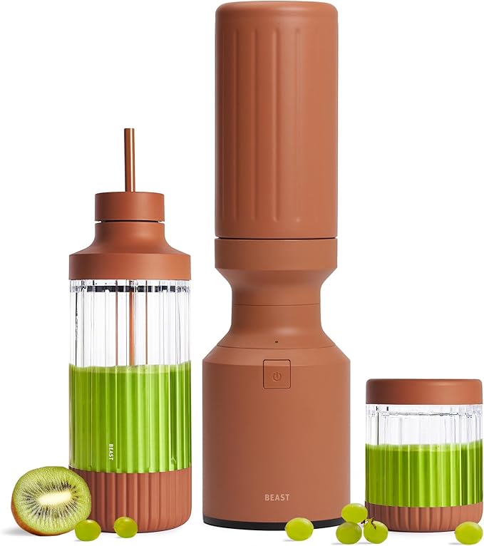 Beast Mighty 850 Stainless Steel | Compact Personal Blender | Extra Vessels | Keeps Blends Cold | Smoothies Shakes Sauces Dips | Portable Straw Caps and Lids | 850W (Terra)