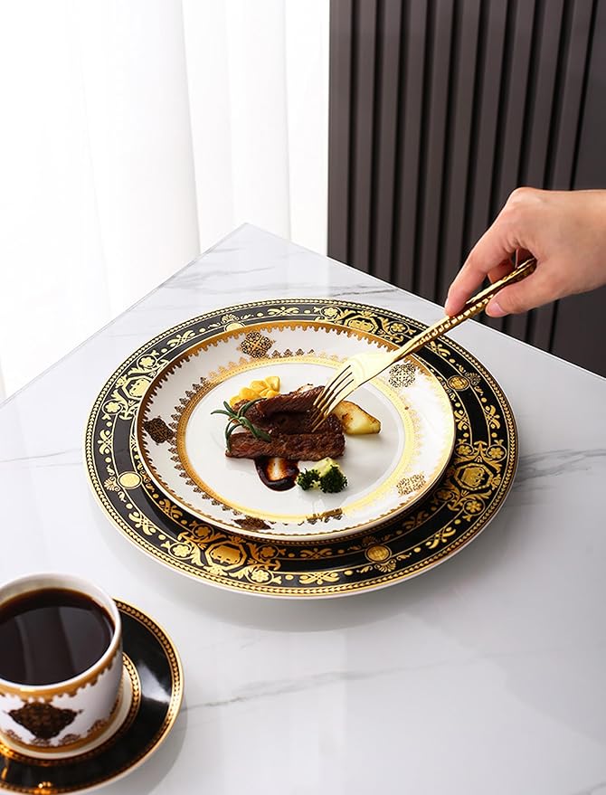 European Style Dinnerware Set Service for 4 Bone China Dinnerware Sets Unbreakable Porcelain Dinner Sets Coffee Cup and Saucer Tableware Set Steak Dinner Plates Dish Set Black bone china-03