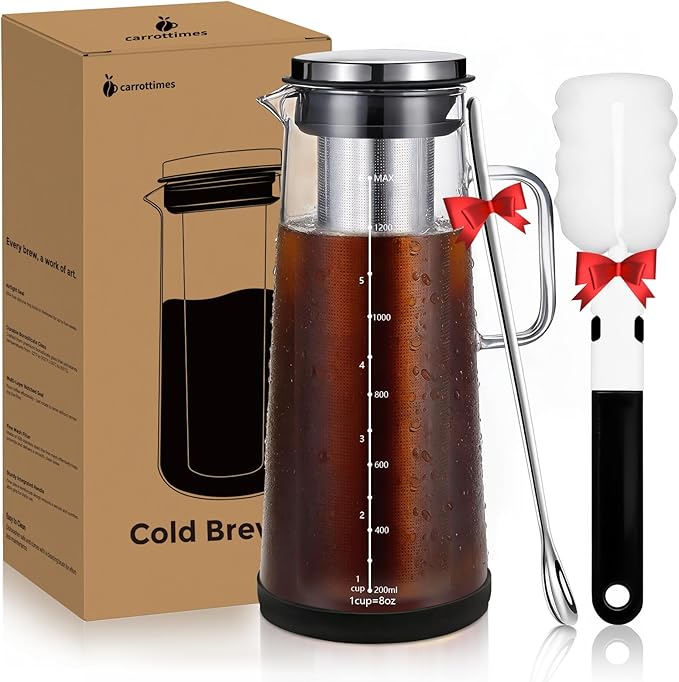 Cold Brew Coffee Maker 1.4L/48oz with Handle Extended Stainless Steel Filter for Deep Extraction Iced Tea Pitcher with Non-Slip Base Includes Cleaning Brush &amp Long Stirring Spoon