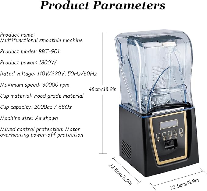 Professional Smoothie Blender 1800W Commercial Soundproof Quiet blender with Removable Soundproof Shield for Crushing Ice MilkShakes Puree Self-Cleaning110V