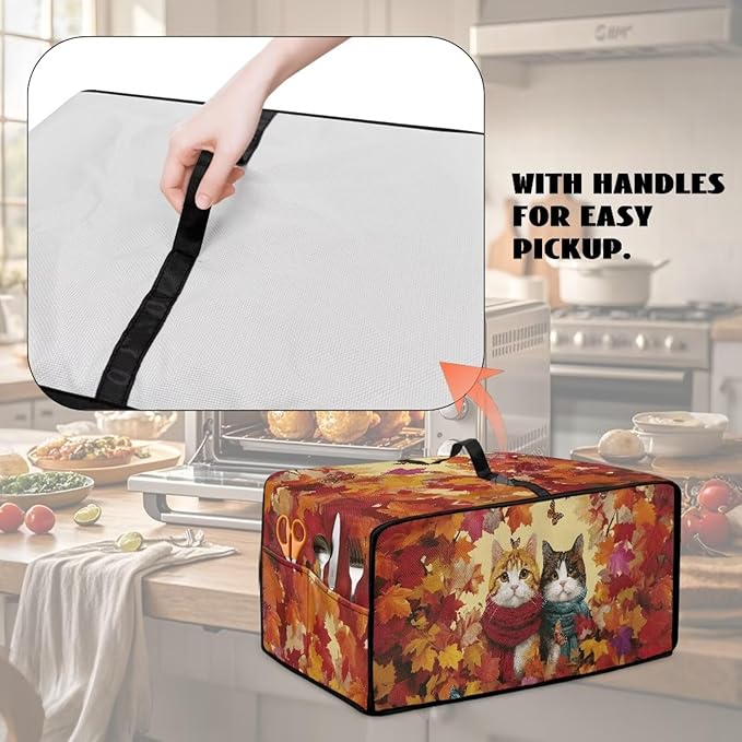 Doojoayie Cute Cat Toaster Cover 6 Slice Dust-Proof Toaster Oven Cover Stain Resistant Bread Machine Covers with Autumn Leaf Print Thanksgiving Home Kitchen Decoration