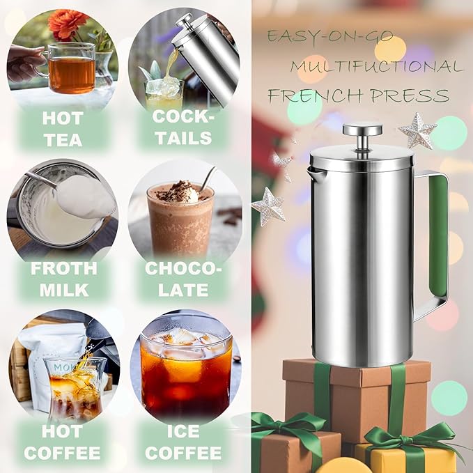Stainless Steel French Press Coffee Maker 21OZ(0.6 Litre) Camping Coffee Press with Green Handle for Personal Office Travel(Sanding Silver 1-3 Cups)