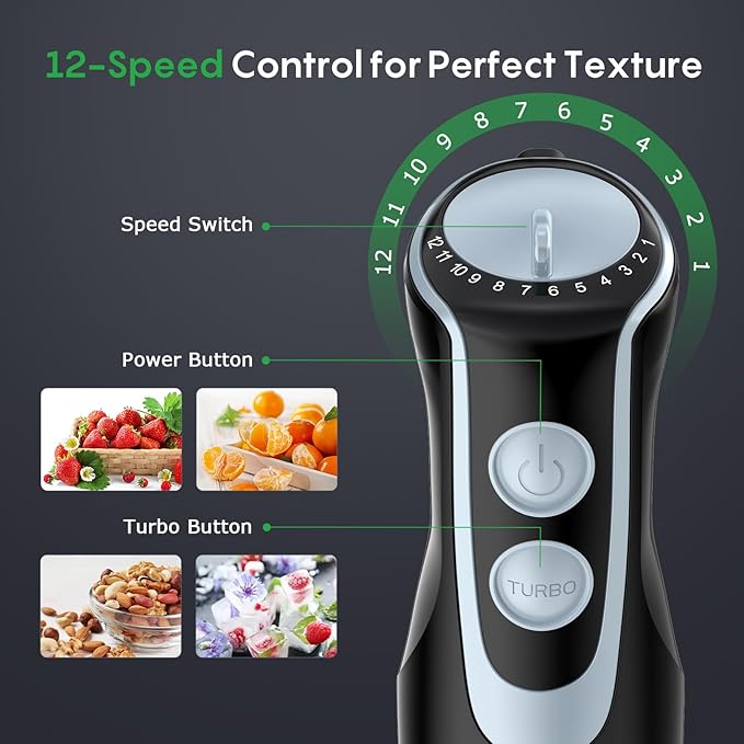 FRESKO Immersion Handheld Blender 500W with 700ml Beaker 12-Speed &amp Turbo Mode Hand Blender Stick 304 Stainless Steel Blades for Soup Smoothie Puree Baby Food