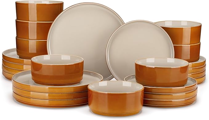 vancasso ONION Ceramic Plates and Bowls Sets 24 Pieces Grey Dinnerware Sets for Kitchen Reactive Glaze Dishes Set for 8 Dishwasher and Microwave Safe